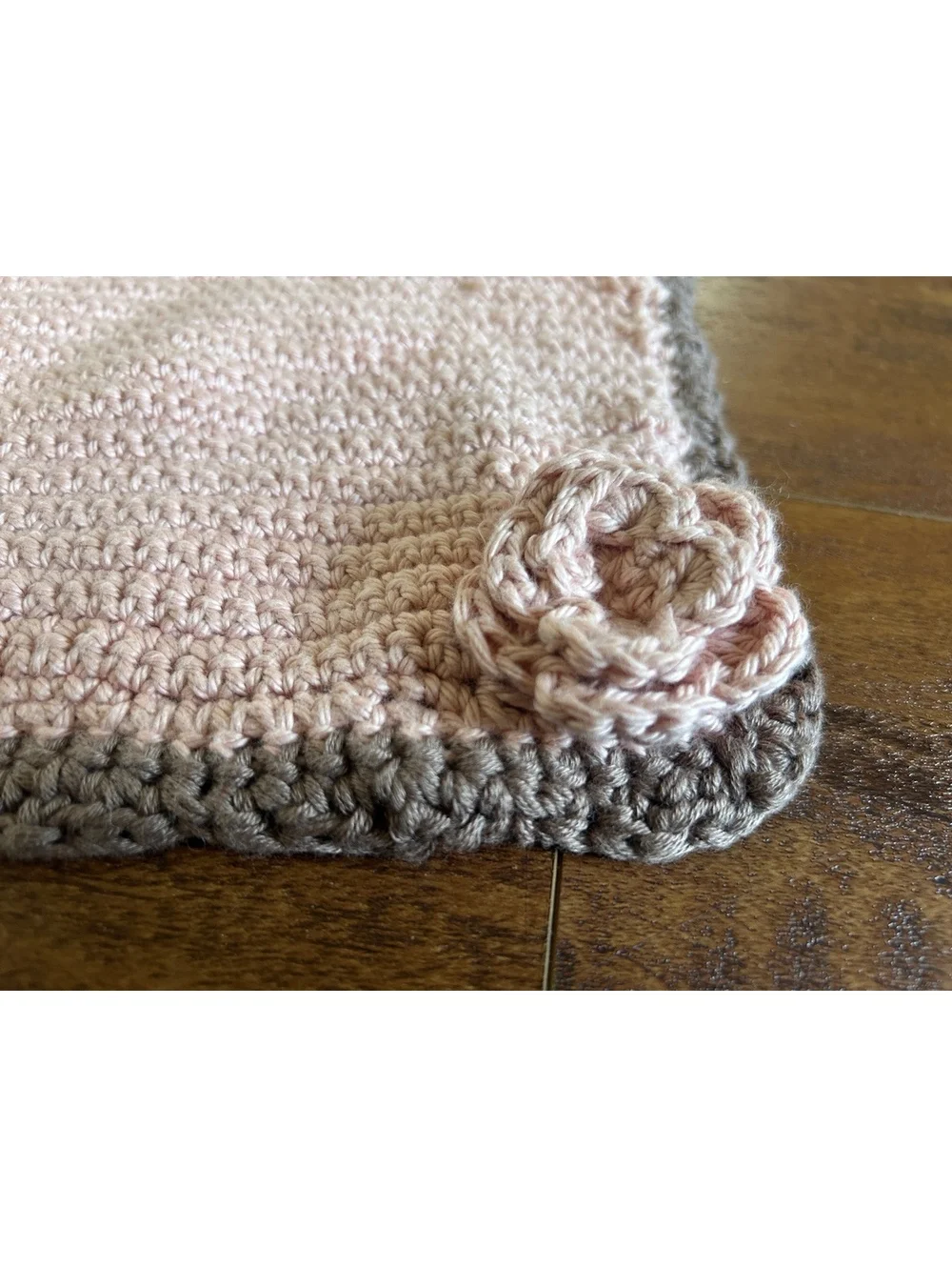 Handmade Crochet Pink and Taupe Square Coaster with Flower Accent